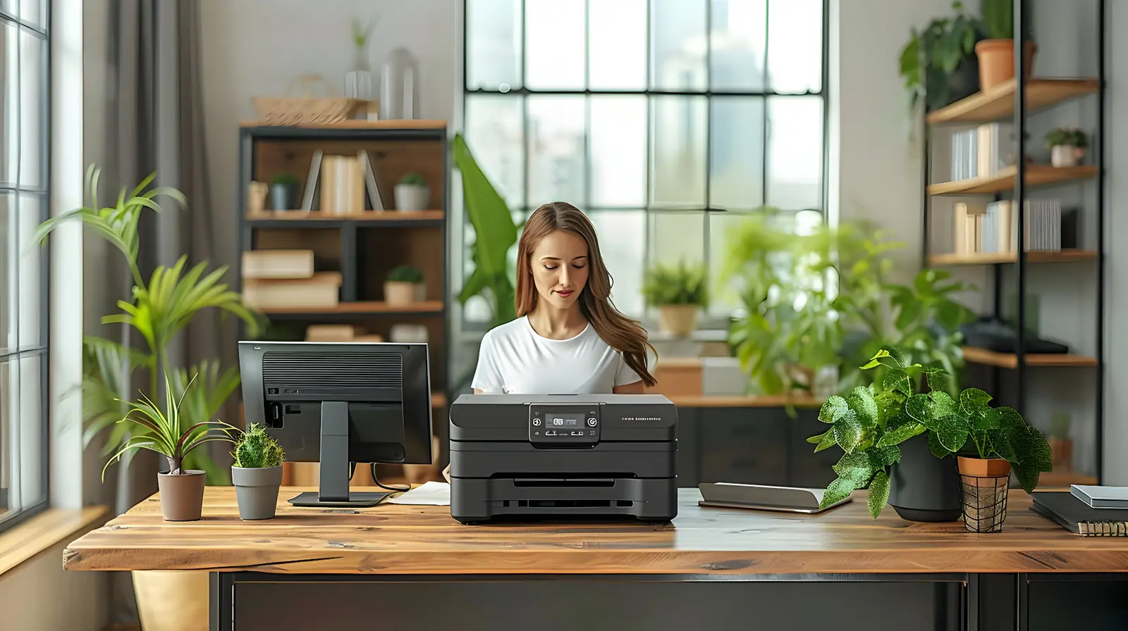 Professional using a multifunction printer in a modern office
